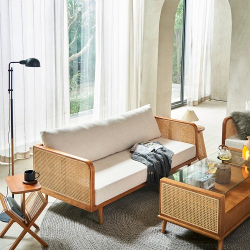 BohoBoho Verus Solid Wood Rattan 3 Seater Sofa Light Walnut